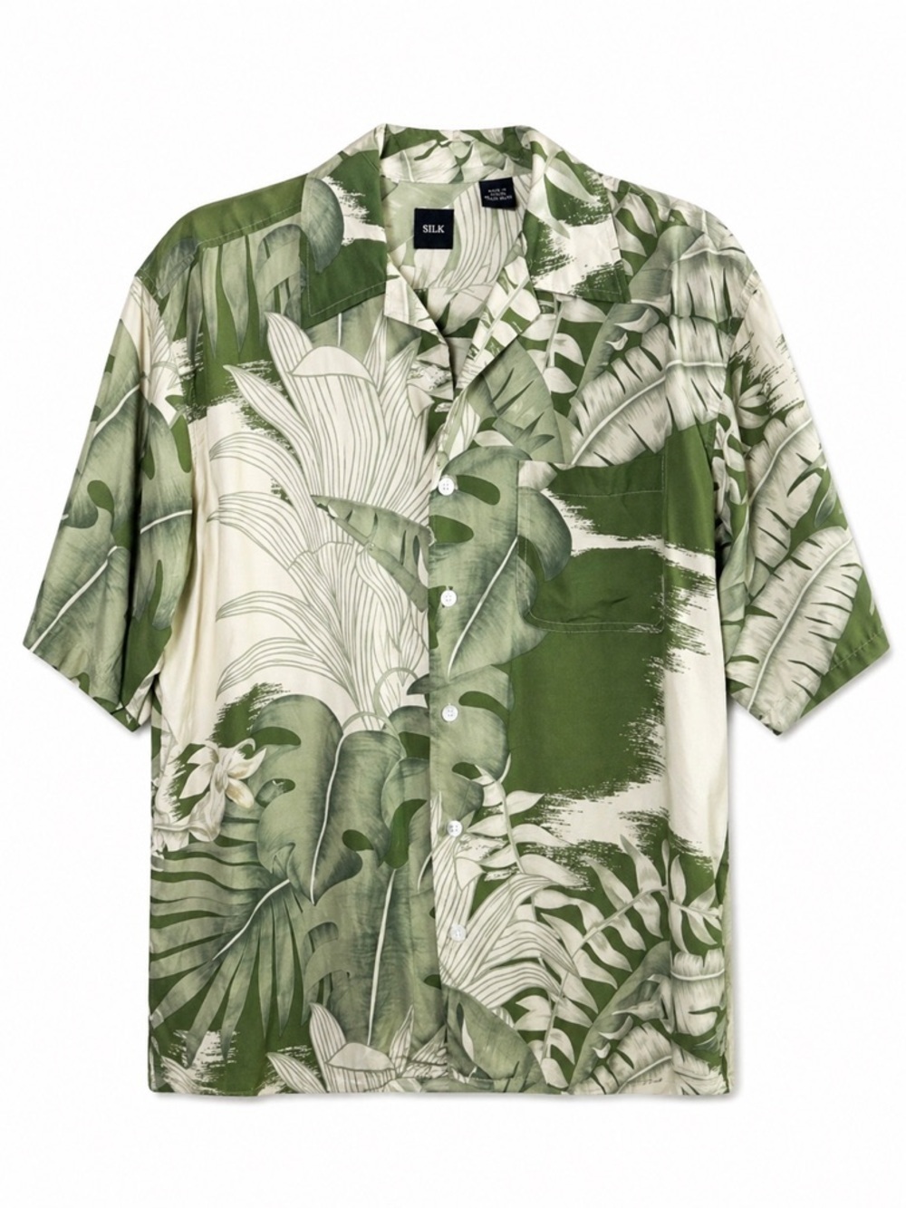 Silk Icon Mens Medium Hawaiian Shirt 100% Silk Green Monstera Leaf Aloha